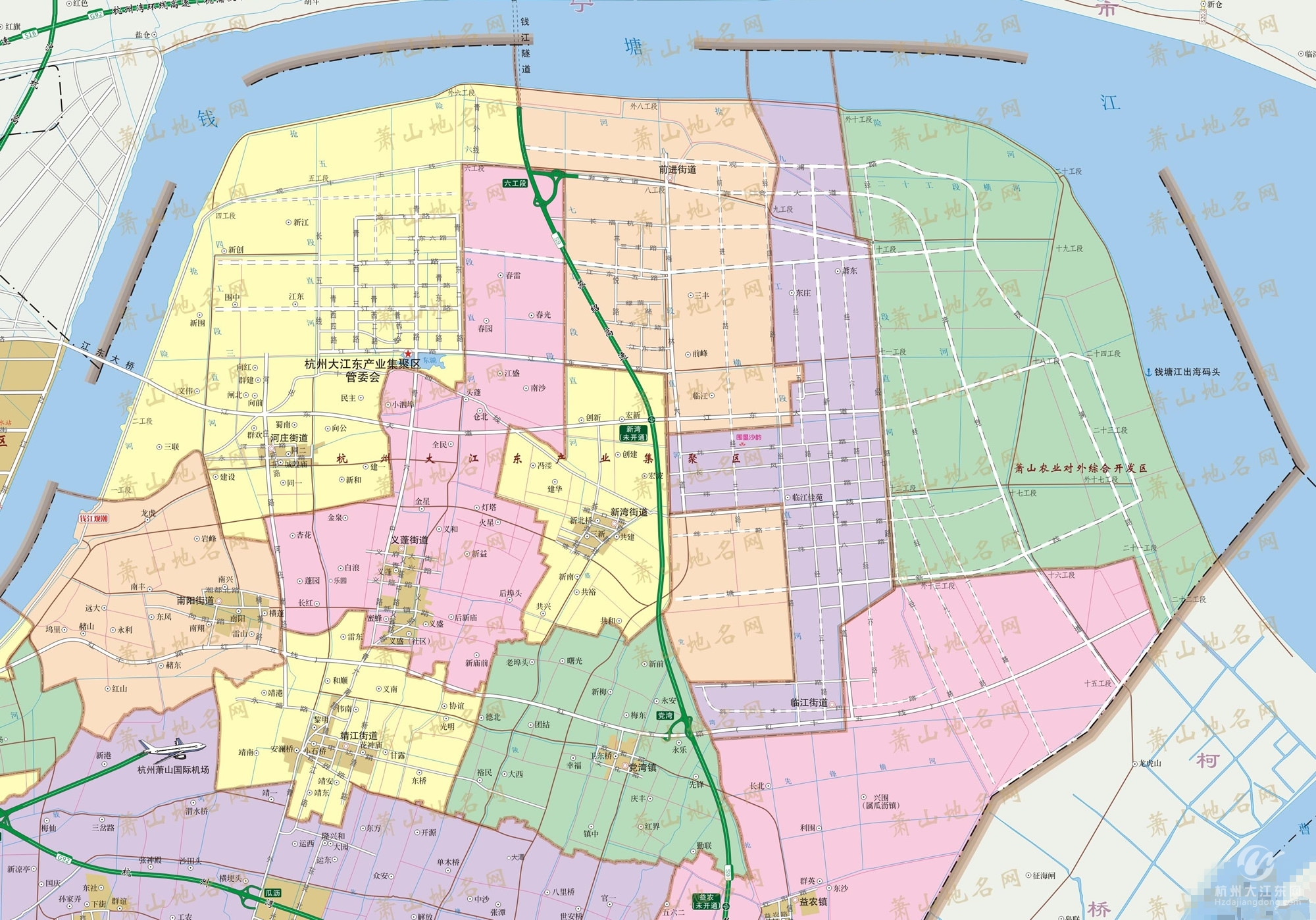 萧山地名网发布了萧山区划地名图,其中包含大江东区域图片